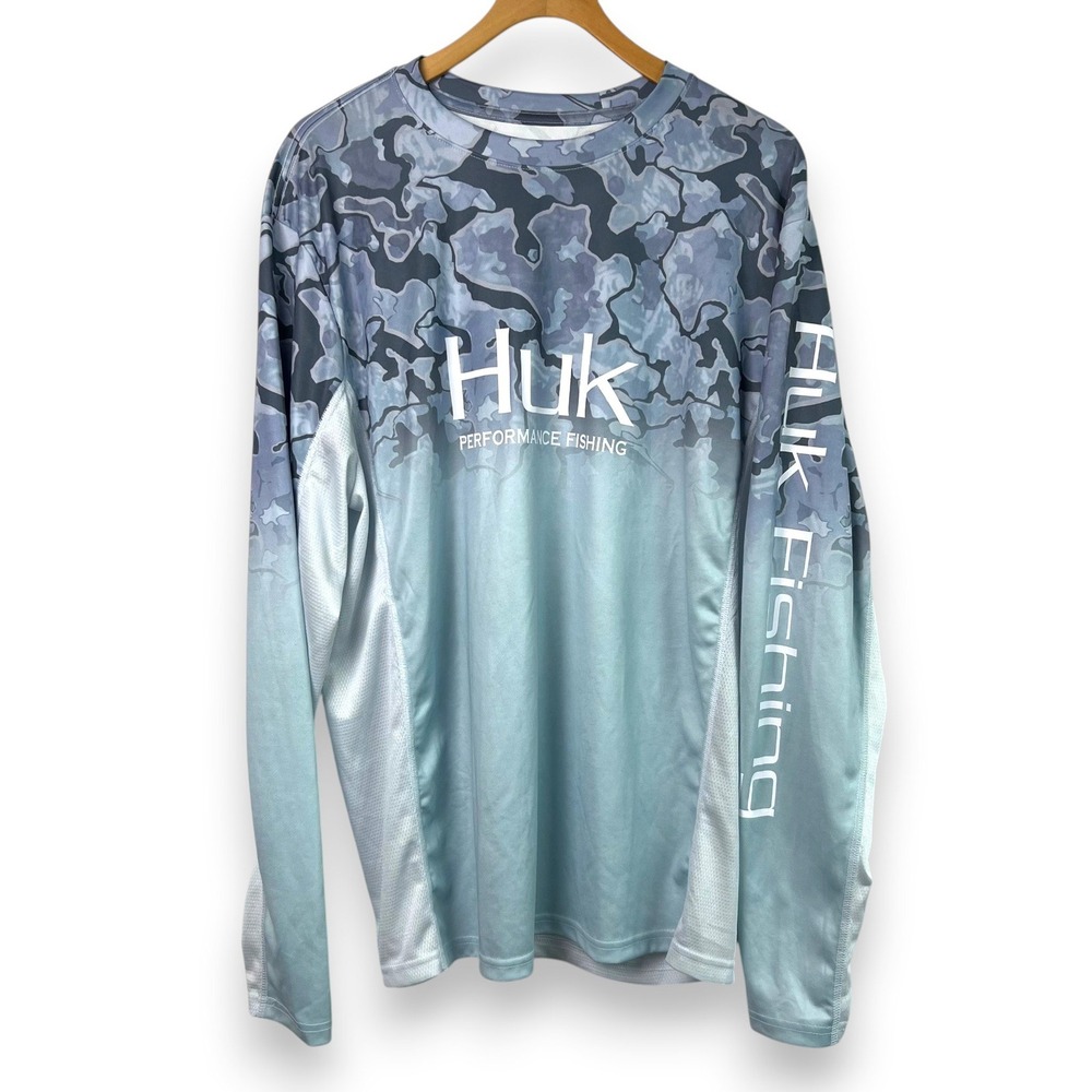 NWOT Huk Performance Fishing Shirt Mens Large L/S Camo Subtide Blue Sun Shirt